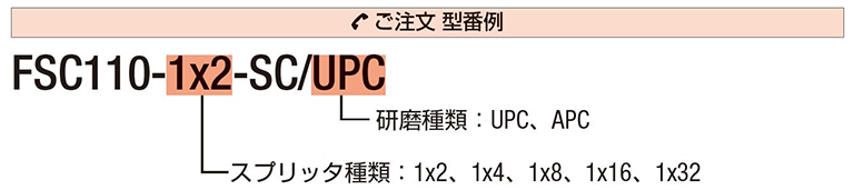 ご注文 型番例 FSC110-1x2(スプリッタ種類:1×2、1×4、1×8、1×16、1×32)-SC/UPC(研磨種類:UPC、APC)